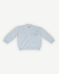 de voorkant van het merino wollen vestje van besito baby in blauw
