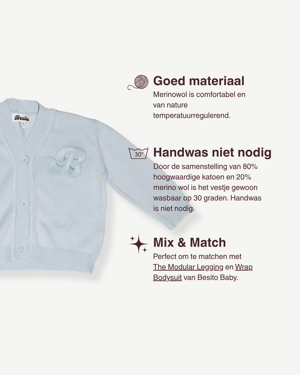 de usp's van besito baby voor merino wollen vestje in baby blauw